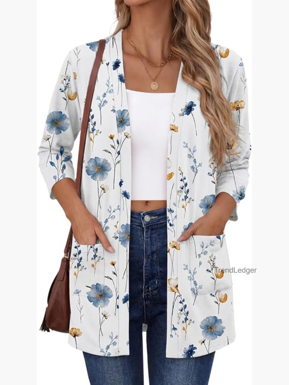 Lightweight Cardigan with Pockets, 3/4 Sleeve Open Front Loose Fit